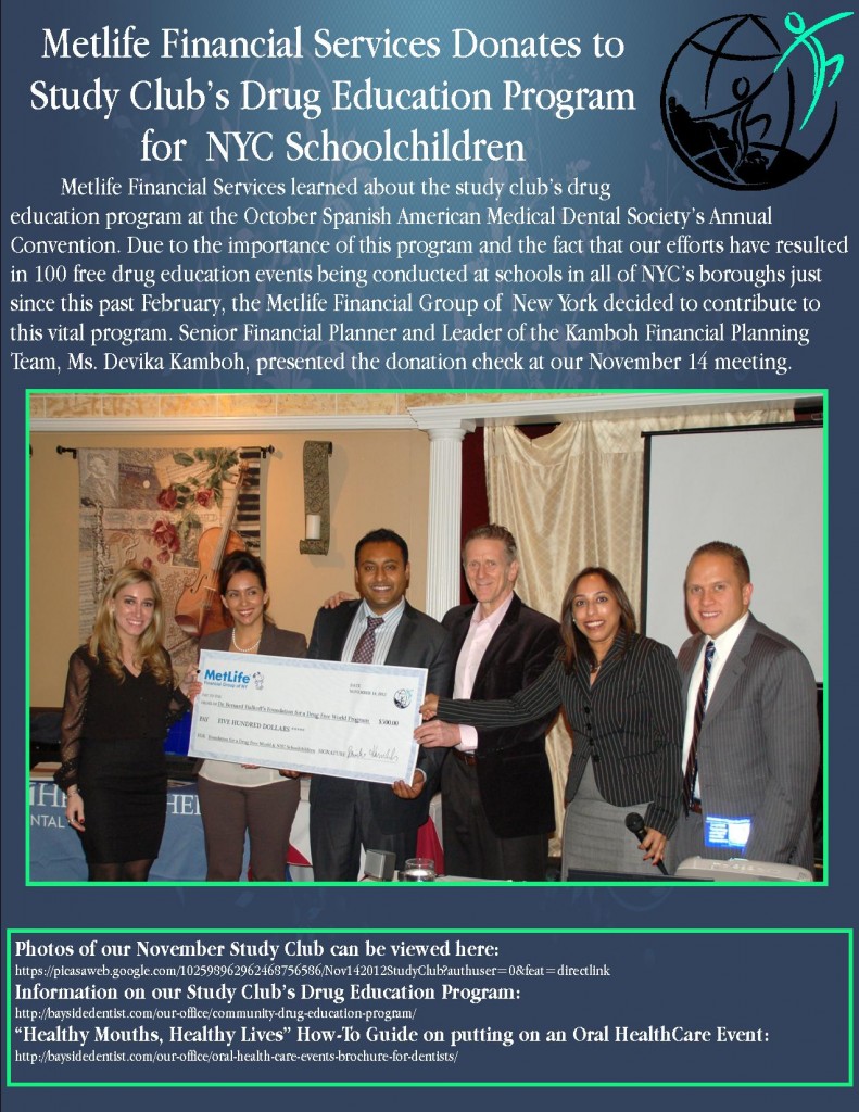MetLife Financial Services Donates to Study Club's Drug Education Program for NYC Schoolchildren