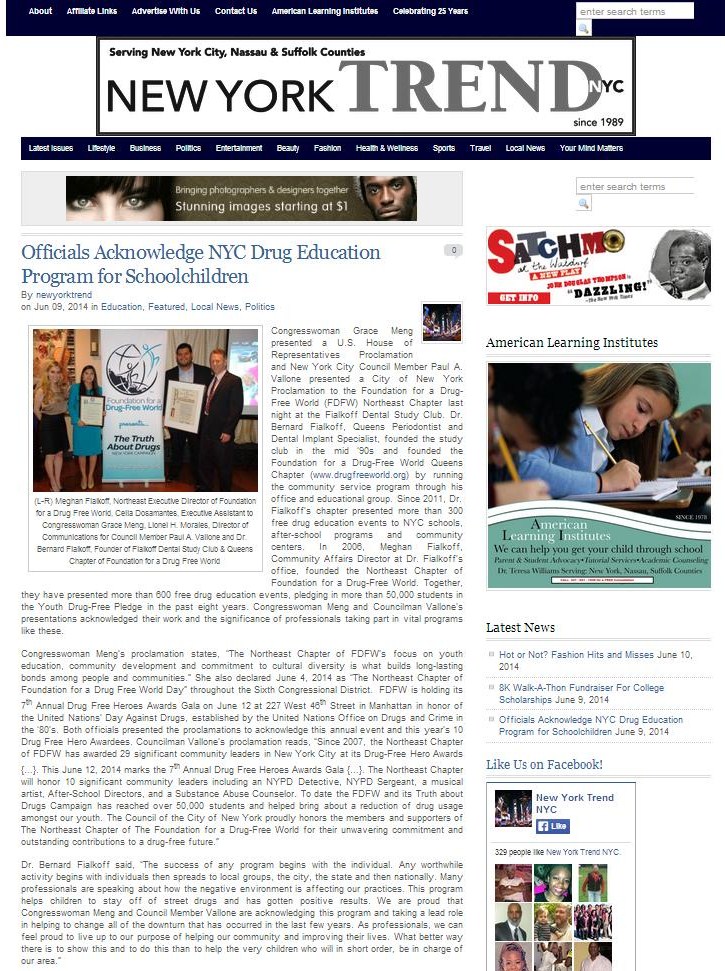 New York Trend, Officials Acknowledge NYC Drug Education Program for Schoolchildren