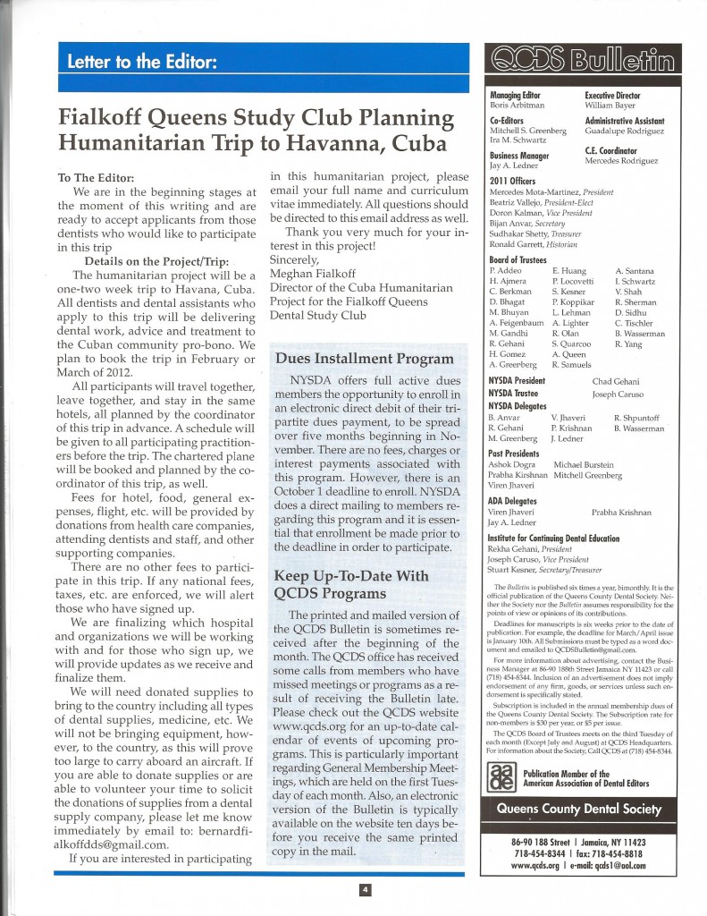 Fialkioff Queens Study Club Planning Humanitarian Trip To Havanna, Cuba