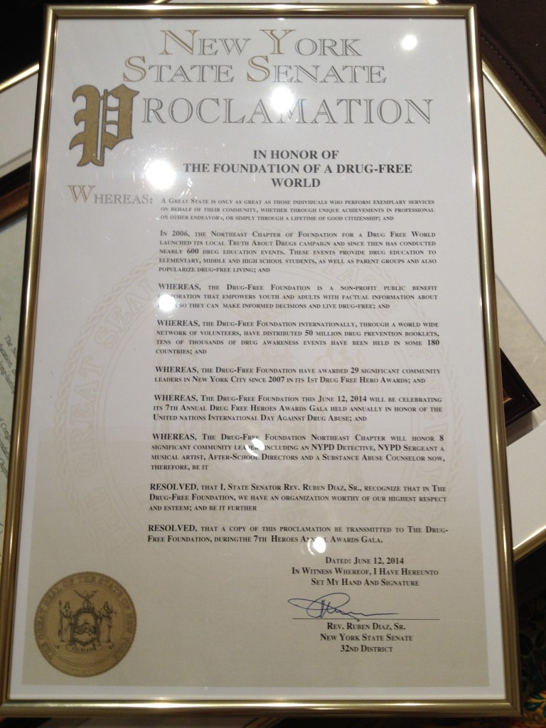 New York State Senate Proclamation in honor of the Foundation of a Drug-Free World