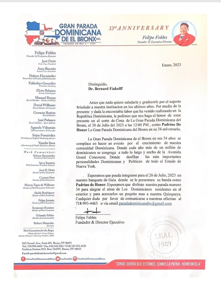 Carta Al Dr. Bernard Fialkoff Por La Gran Parada Dominicana De El Bronx