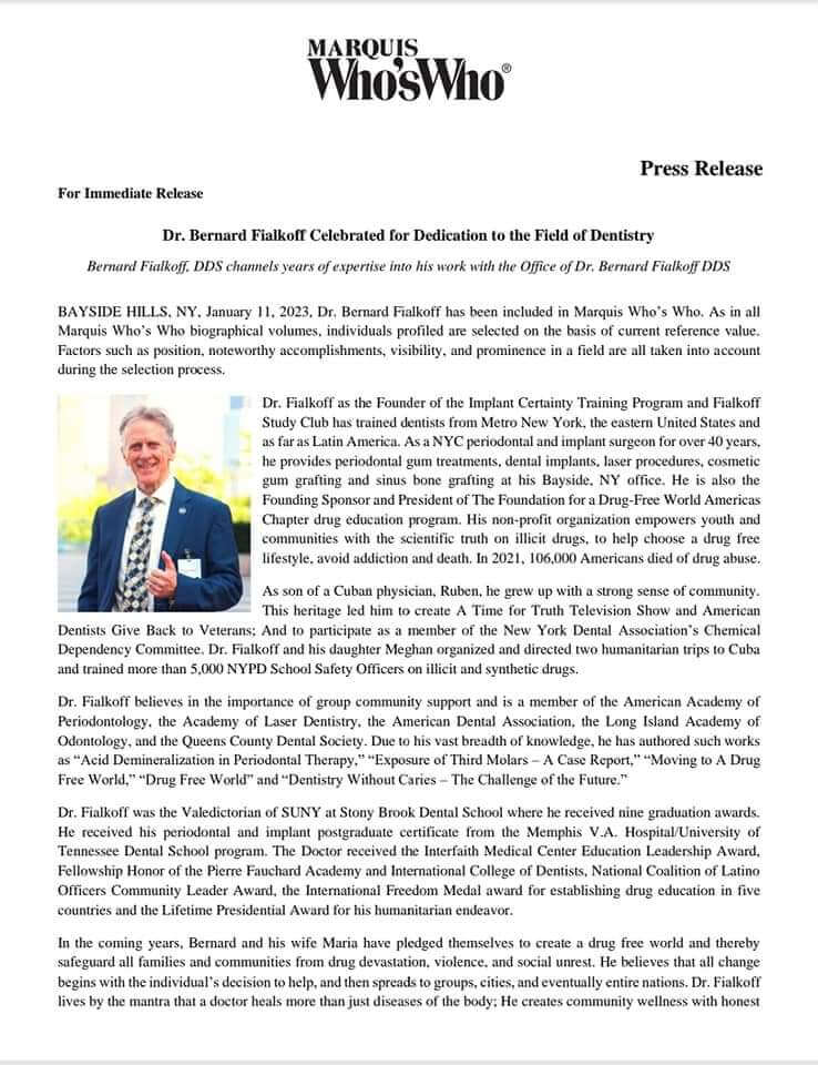Press Release Article On The Marquis Who's Who For Dr. Bernard Fialkoff part 1/2